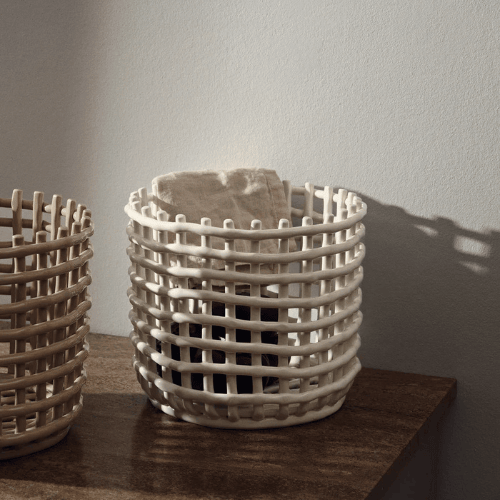 Nivaro Handwoven-Inspired Ceramic Basket Multifunctional Sculptural Vessel for Artistic Home Display